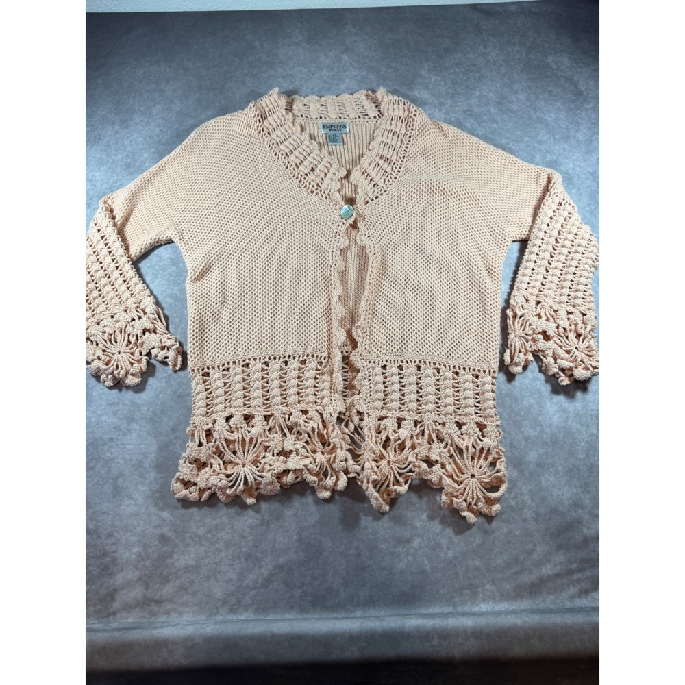 Empress Woman Peach Crochet Knit Cardigan 2X Ramie Cotton Floral Openwork Boho